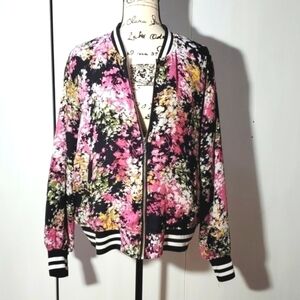 AGB Multi-Color Dark Floral Satin Coat jacket Zip up Artsy Vibrant Sz.1X